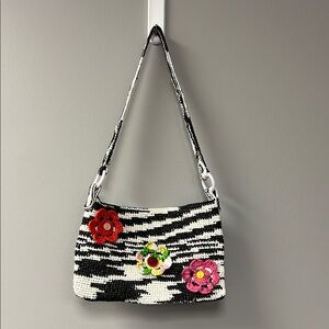 Black and White Striped Shoulder Bag with Floral Accents
